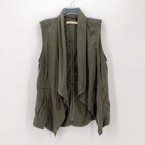 MAX JEANS 100% Tencel Utility Waterfall Vest Cinched Waist Open Front XL Green